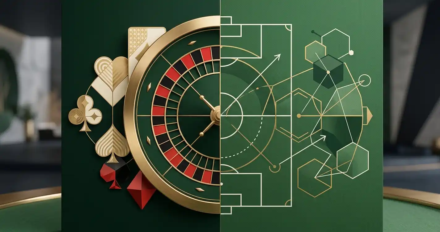 Conceptual casino and sportsbook split-screen illustration