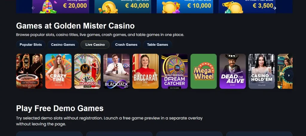 Golden Mister live casino lobby