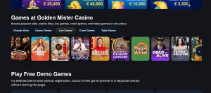 Golden Mister live casino lobby